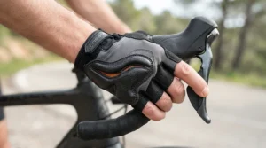Rider utilizing padded gloves for wrist pain cycling to prevent ulnar nerve compression