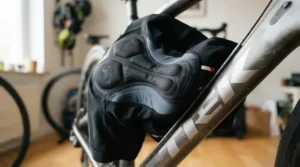 Detailed view of gel inserts inside the palm of padded road cycling gloves on a bike frame.