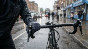A cyclist wearing padded road cycling gloves navigating a busy rainy street in Manchester.