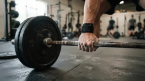 Close-up of hands wearing pull up gloves securing a barbell grip during gym training