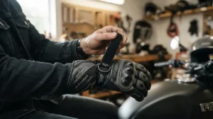 Close-up of a beginner rider fastening adjustable wrist straps on road cycling gloves before a weekend club ride