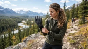 A novice rider trying on road cycling gloves for beginners to ensure a snug and comfortable fit