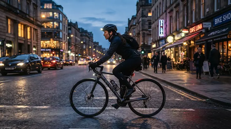 Commuter wearing reflective short finger road cycling gloves during an evening ride through the city.