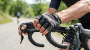 Detailed view of the fingerless design on short finger road cycling gloves for secure handlebar grip.