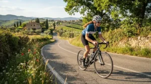 A cyclist wearing short finger road cycling gloves during a warm summer training ride in the countryside.