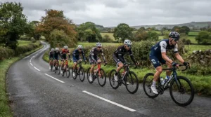 Group ride participants wearing matching short finger road cycling gloves on a weekend club run.