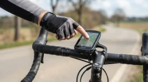 Cyclist using a bike computer wearing touchscreen friendly breathable road cycling gloves