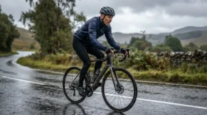 Rider caught in sudden April showers wearing water-resistant long finger road cycling gloves