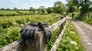 Affordable waterproof long finger road cycling gloves displayed on a wooden bench near a countryside cycle lane