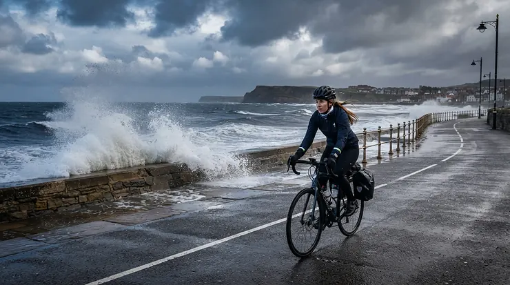 Riding along a coastal sea wall wearing waterproof long finger road cycling gloves in gusty weather