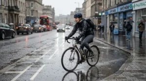 A cyclist wearing waterproof long finger road cycling gloves while riding through an autumn drizzle in London