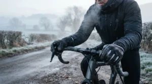 Close-up of waterproof long finger road cycling gloves keeping hands warm on a frosty morning ride