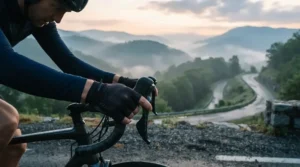 Cyclist wearing breathable road cycling gloves during a brisk morning ride in the hills