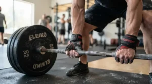 A woman wearing black pull-up gloves for women while lifting weights in a gym