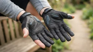 Woman wearing breathable road cycling gloves showing gel palm padding for long British sportives