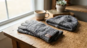 A pair of budget commuter cycling gloves neatly displayed on a wooden desk next to a receipt.