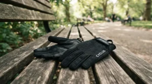Lightweight breathable commuter cycling gloves laid out on a park bench during sunny weather.