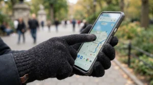 A cyclist wearing commuter cycling gloves while tapping on a smartphone map navigation screen.