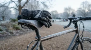 Thick insulated commuter cycling gloves resting on a frosty bicycle saddle on a cold morning.