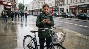 Cyclist wearing commuter gloves for rain while checking a smartphone route map at a city pedestrian crossing