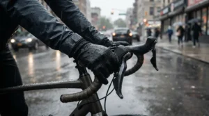Close-up of commuter gloves for rain gripping bicycle handlebars during a heavy autumn downpour in London