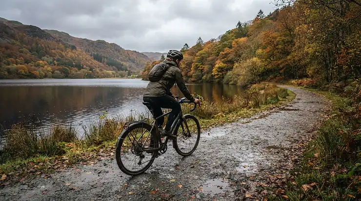 Commuter gloves for rain in action during a damp morning commute along a tree-lined canal towpath