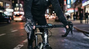 Reflective commuter gloves for rain shown on a night bicycle commute along a busy Bristol commuter route