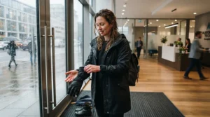 A commuter peeling off damp commuter gloves for rain after arriving at a dry office lobby