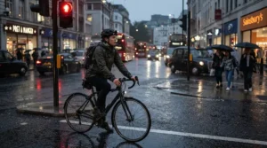 Commuter gloves for rain resting on handlebars as a cyclist waits for traffic lights to change in the rain