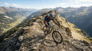 A mountain biker wearing breathable trail gloves for hot weather while navigating a rocky Peak District descent