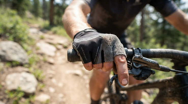 Close-up of lightweight trail gloves for hot weather featuring an integrated sweat wipe on the thumb panel