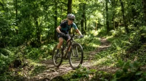 Rider tackling a shaded Welsh woodland singletrack wearing durable trail gloves for hot weather